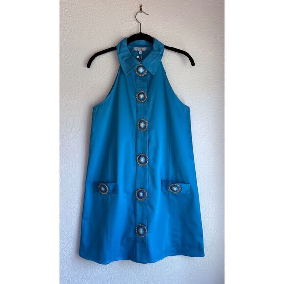 NWT My Beachy Side Amber Hand Crochet Buttons Halter Mini Dress in Blue Sz Small - Picture 9 of 16